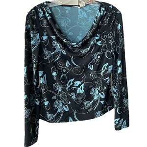 Merona Floral Cowl Neck Black & Blue Women's Longsleeve Size‎ Medium